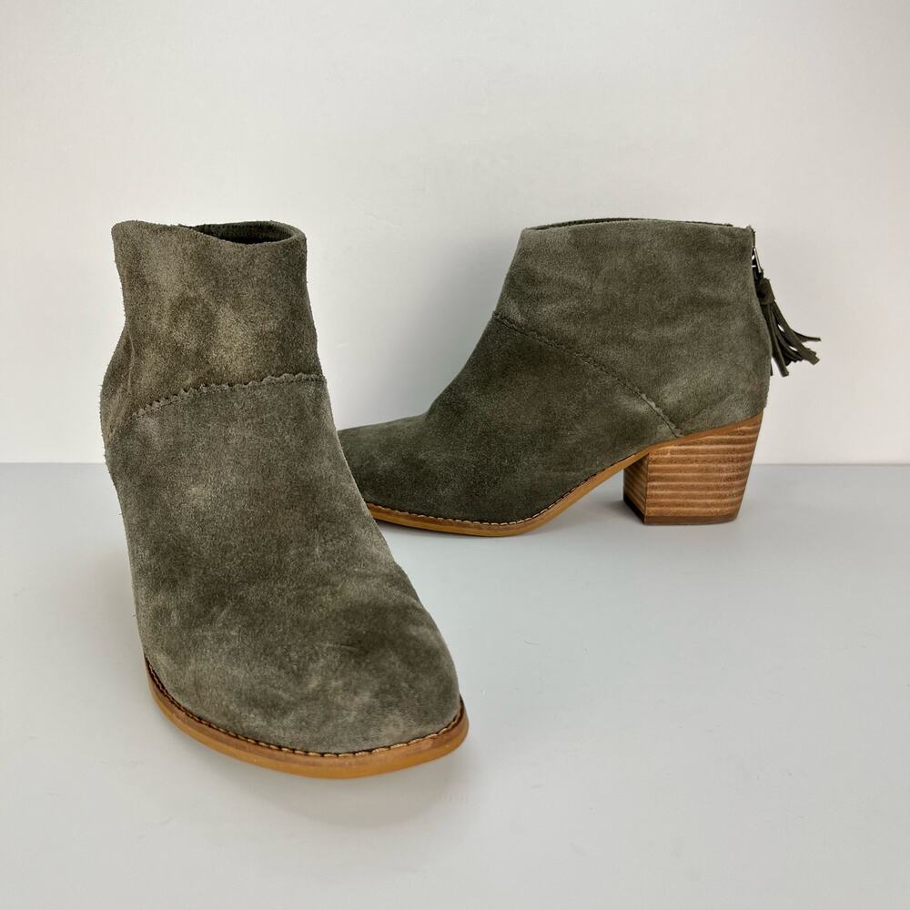 TOMS Bootie Green Suede Leather Western Ankle Boot with Heel Womens Size 6.5
